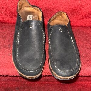 OluKai Black Leather Men's Slip-Ons